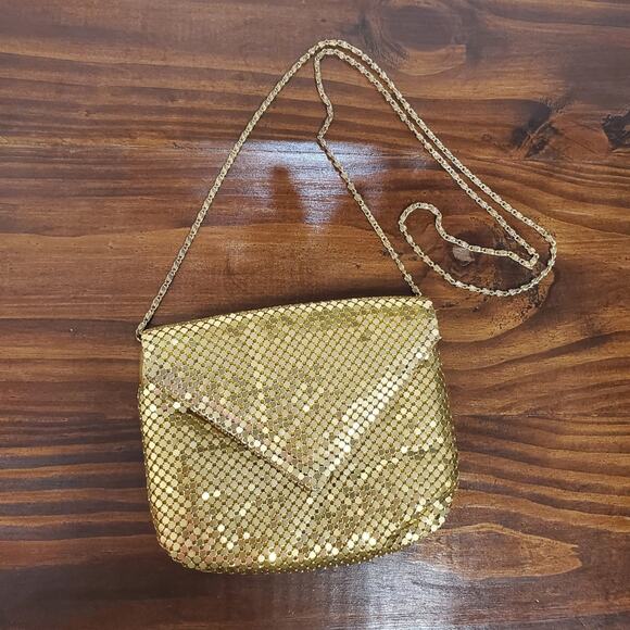 Vintage Gold Metal Mesh Shoulder Bag Chain Strap Flap Wedding Glam Holiday Party - Picture 2 of 12